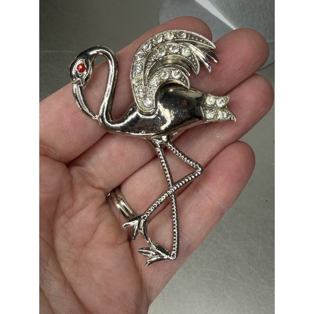 Vintage Flamingo Silver Brooch Art Deco Rhinestone Red Eye Statement
